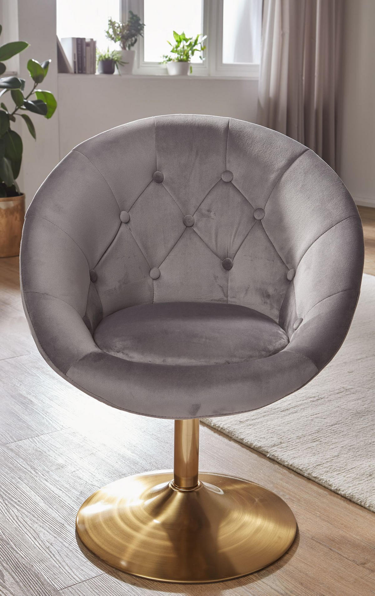 LOUNGESESSEL Chesterfield-Stil mit Samtbezug und 360° Drehfunktion, Grau 67x62x100 cm - Goldfarben/Grau, Textil/Metall (67/100/62cm) - KADIMA DESIGN