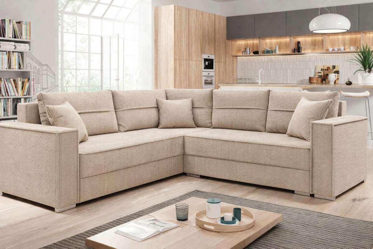 ECKSOFA PARIS – L-Form mit Schlaffunktion & Bettkasten Flauschiger Cord Stoff POSO Creme - Creme, Kunststoff (239/222cm) - Wohnideebilder