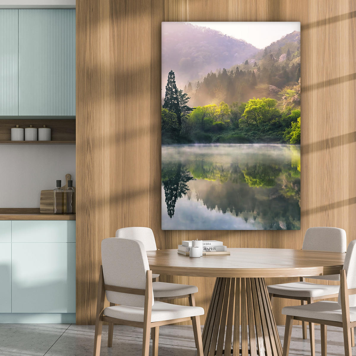 LEINWANDBILD Natur - Bäume - Berge - See - Wasser 90x140 cm - Hellgrün, Textil (90/140cm) - MuchoWow