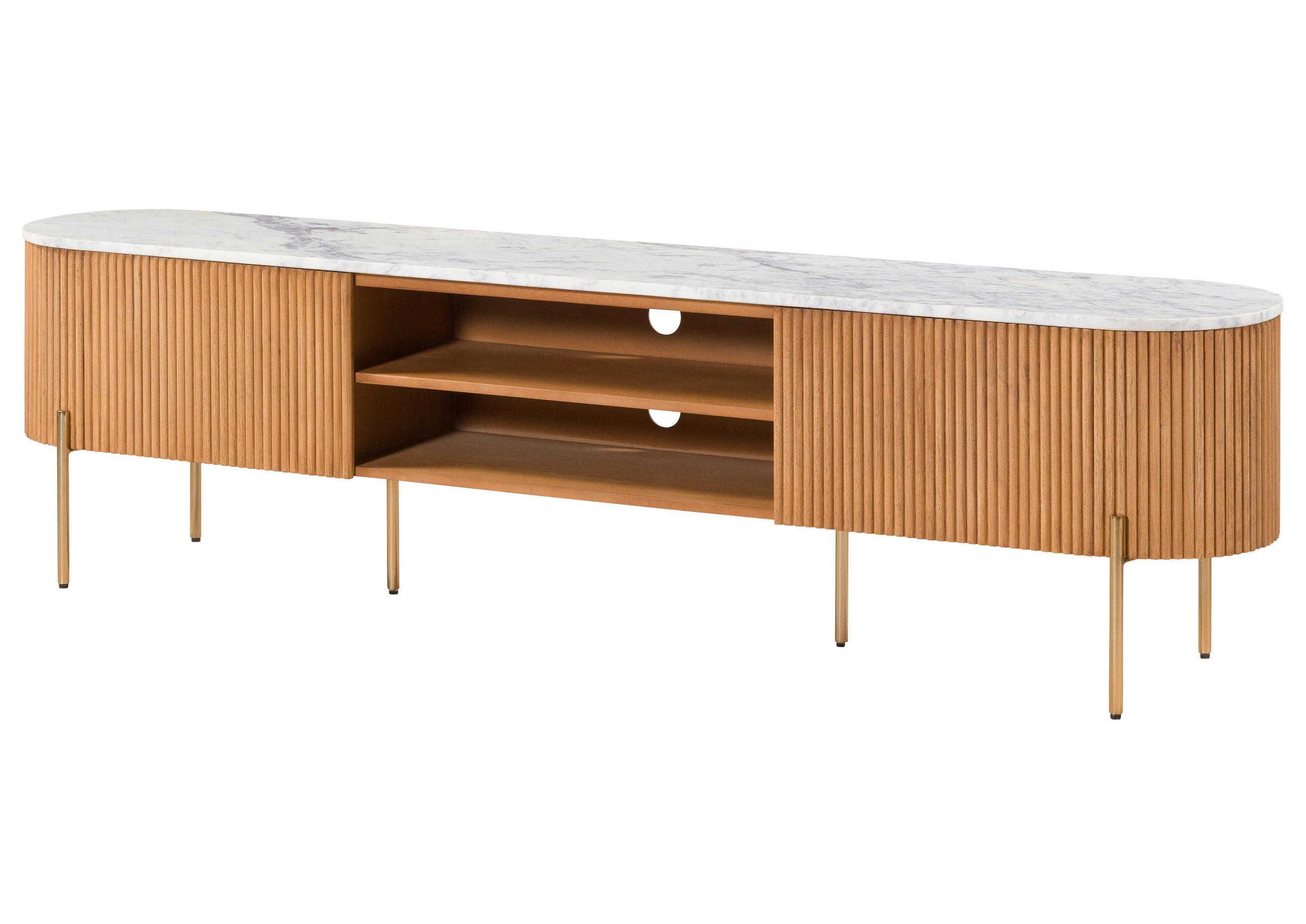 TV-BOARD Mango 200x36x51 natur lackiert / Marmor weiß BARCELONA #510 - Naturfarben/Weiß, Holz (200/51/36cm) - Massivmoebel24