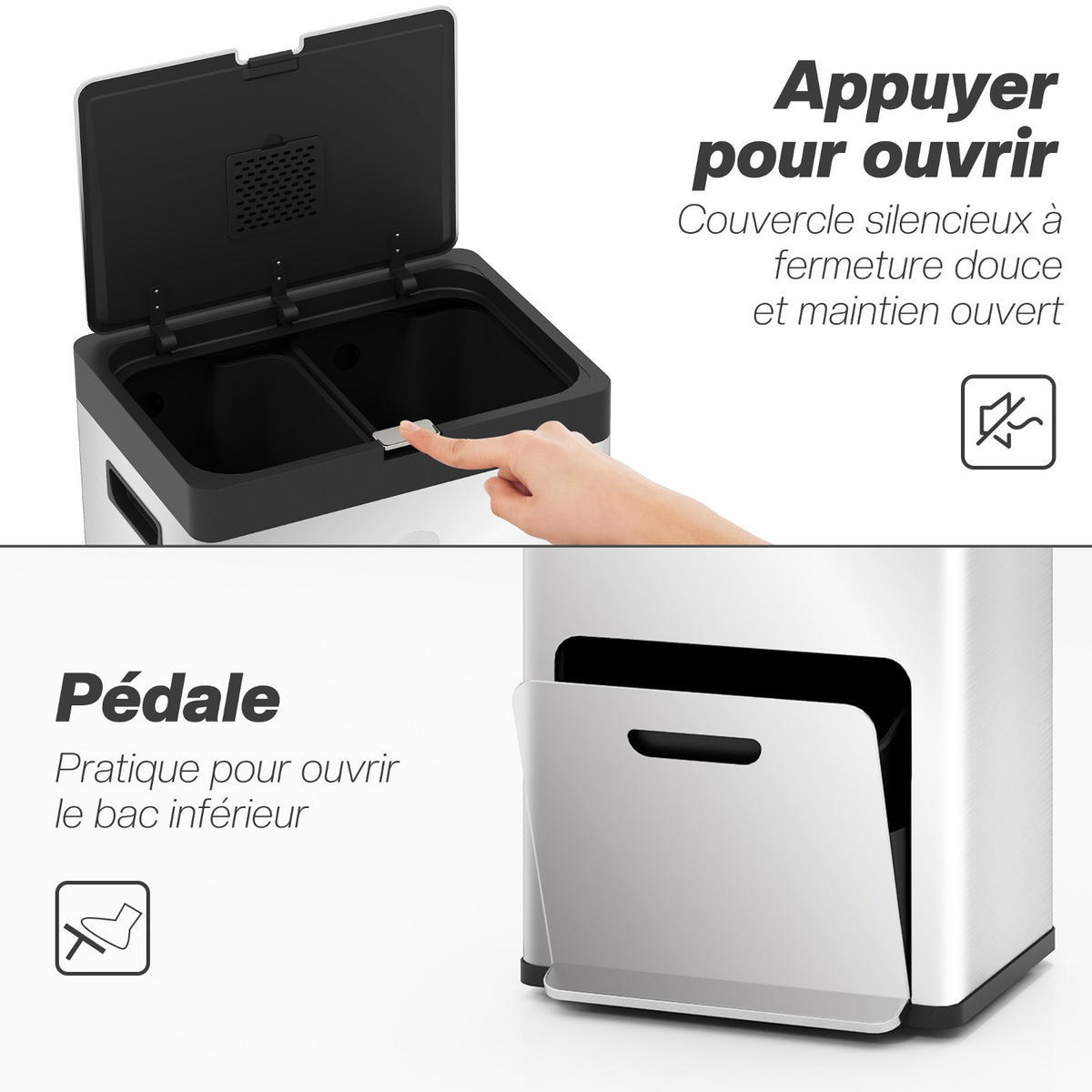MÜLLEIMER 3 FÄCHER Mülltrennsystem Edelstahl Silber 45,7/35,8/76 cm - Silberfarben, Metall (35.8/76/45.7cm) - Rolipo