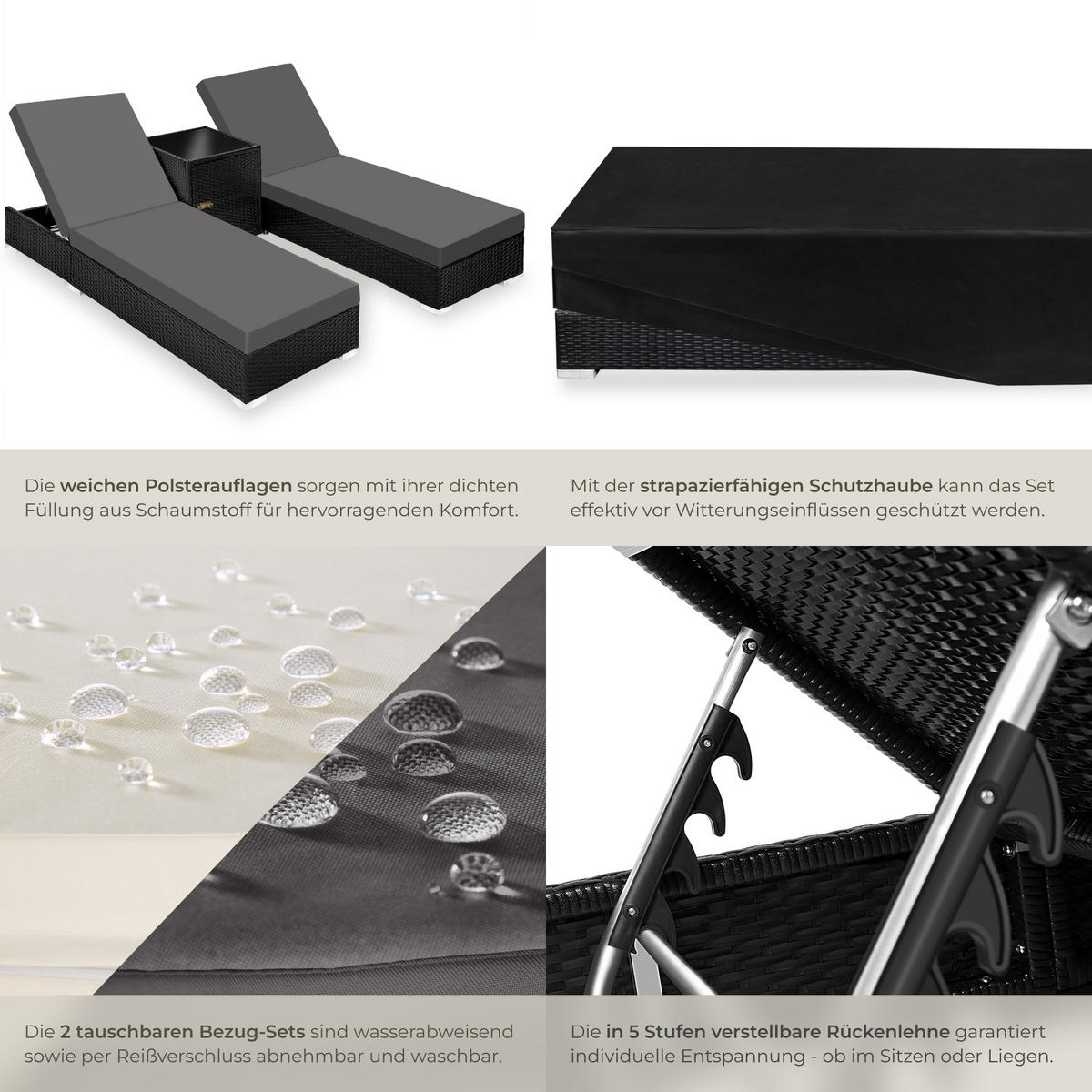 RATTAN-SONNENLIEGEN 2er Set, wetterfest und UV-beständig, schwarz - Schwarz, Kunststoff (60/21/184cm) - tectake