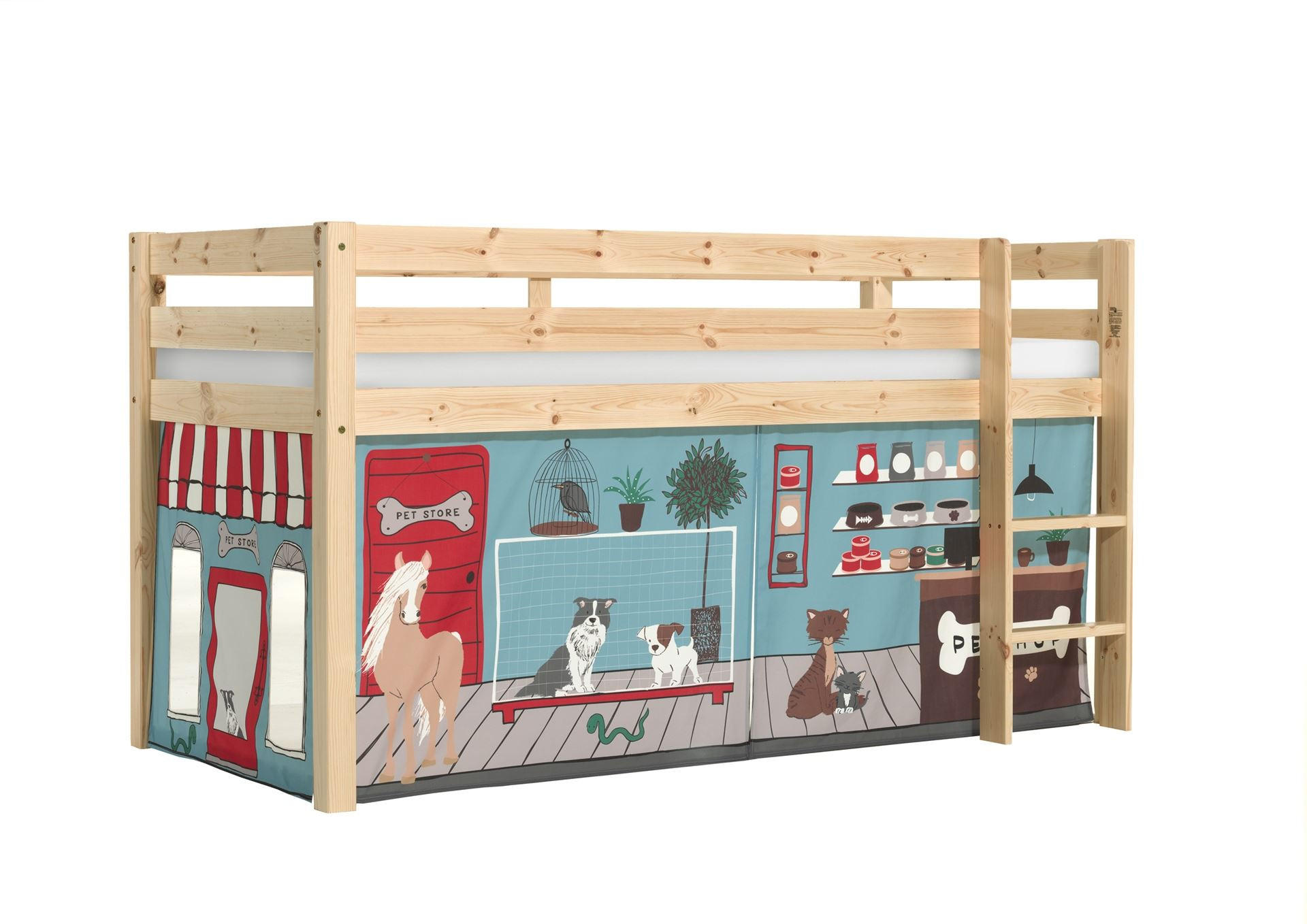 KINDERBETT Karolina 210x114x106 Massivholz Natur Textilset Pet Shop - Blaugrau/Kieferfarben, Holz (90/200cm) - 58aufmkessel