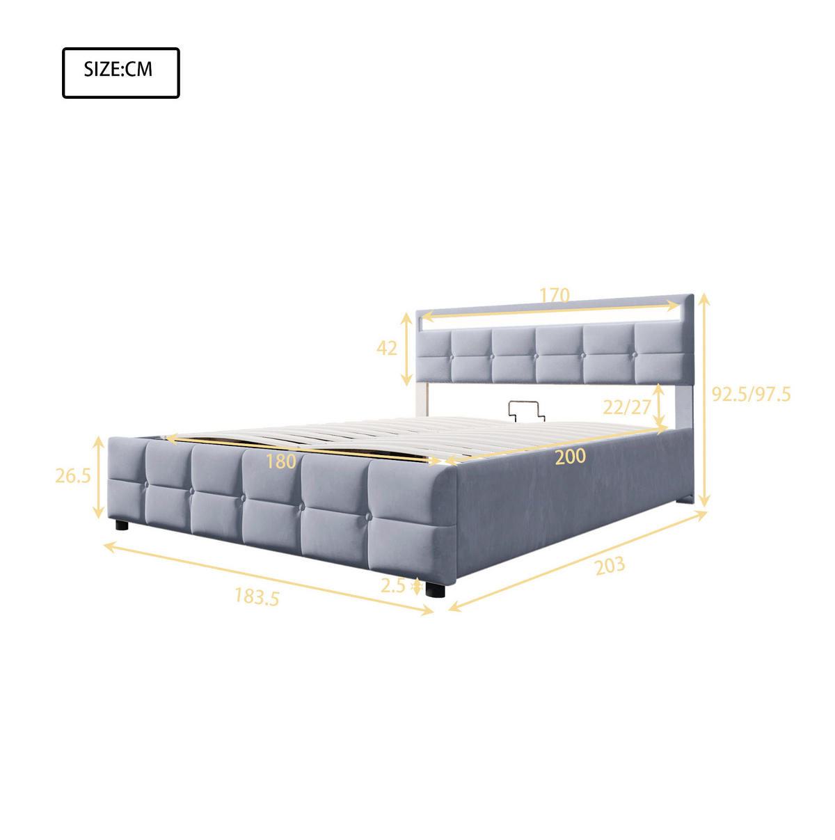 POLSTERBETT 180/200 cm aus Samt mit LED-Licht, Grau - Grau, Textil (180/200cm) - OKMYHOME