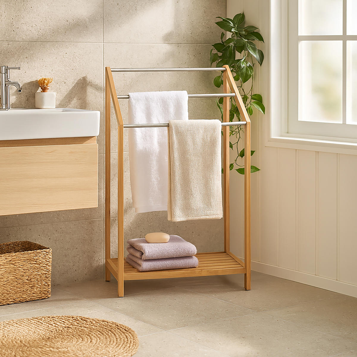 HANDTUCHHALTER - Hellbraun, Holz/Metall (51/85/31cm) - Relaxdays