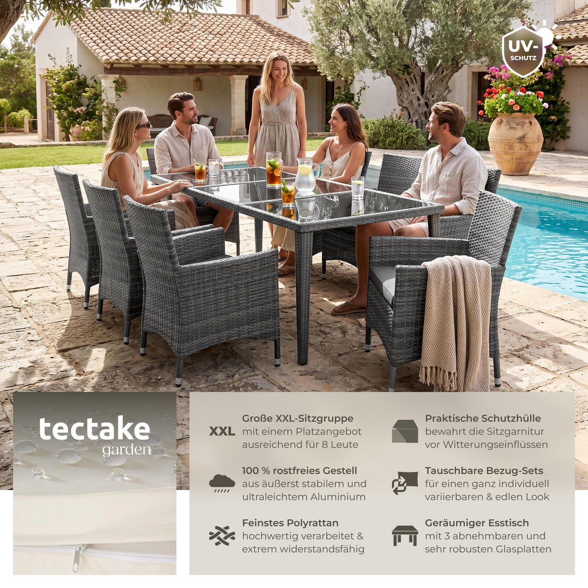 RATTAN-SITZGRUPPE aus Aluminium Menorca, inklusive Schutzhülle, grau - Grau, Kunststoff - tectake