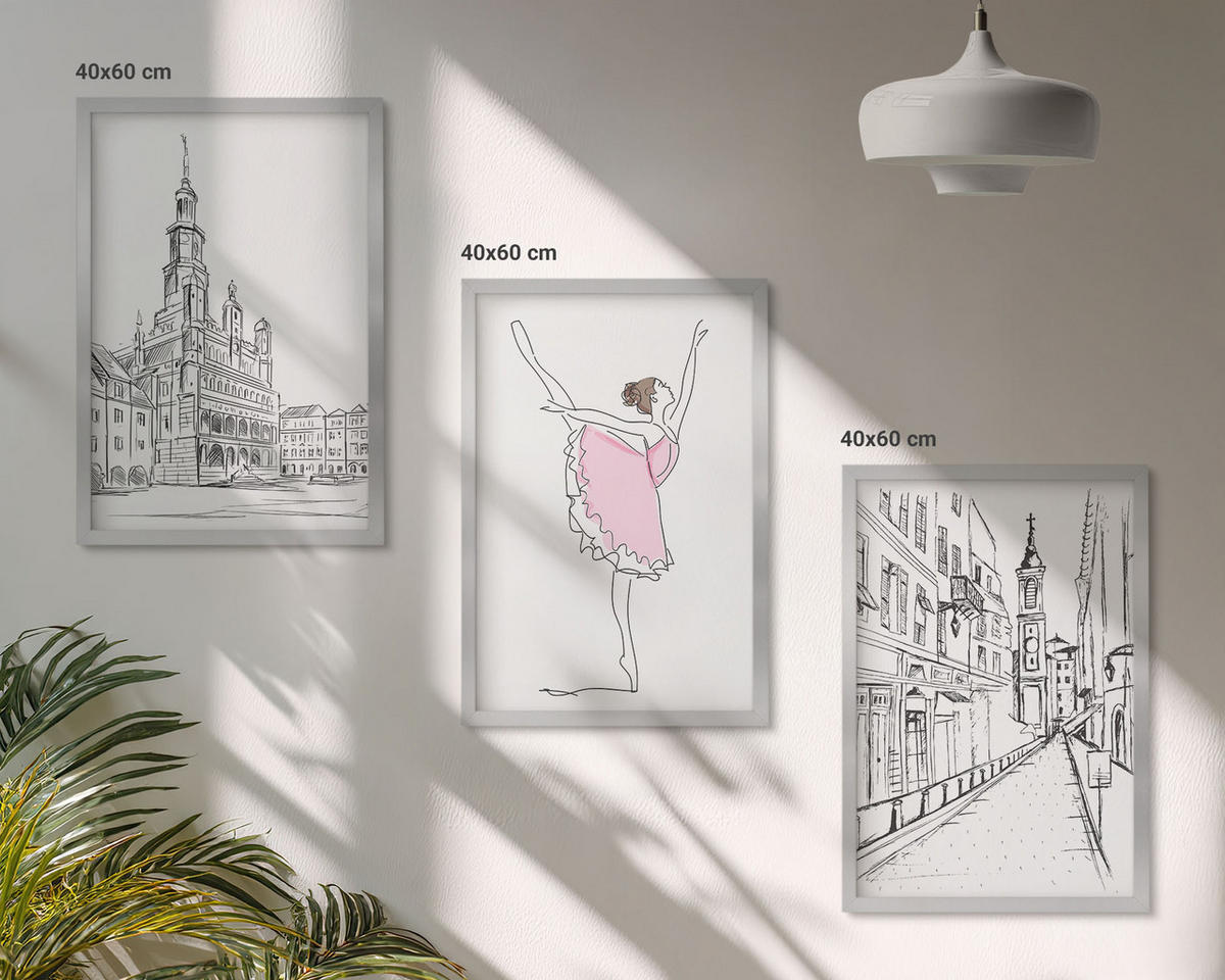 BILDER SET 3er Set - 40x60 cm Silberner Rahmen - Stilvolle Ballerinen und Architektur - Silberfarben, Kunststoff (40/60cm) - TULUP