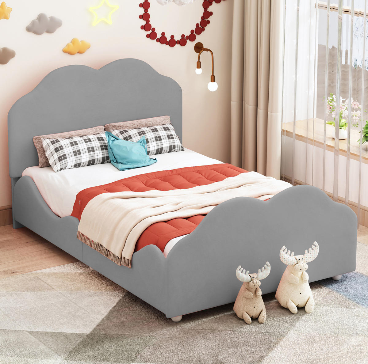 KINDERBETT 90/200 cm mit hohem Geländer, wolkenförmigem Kopf- und Fußteil und Samtbezug, Grau - Grau, Textil (90/200cm) - Redom