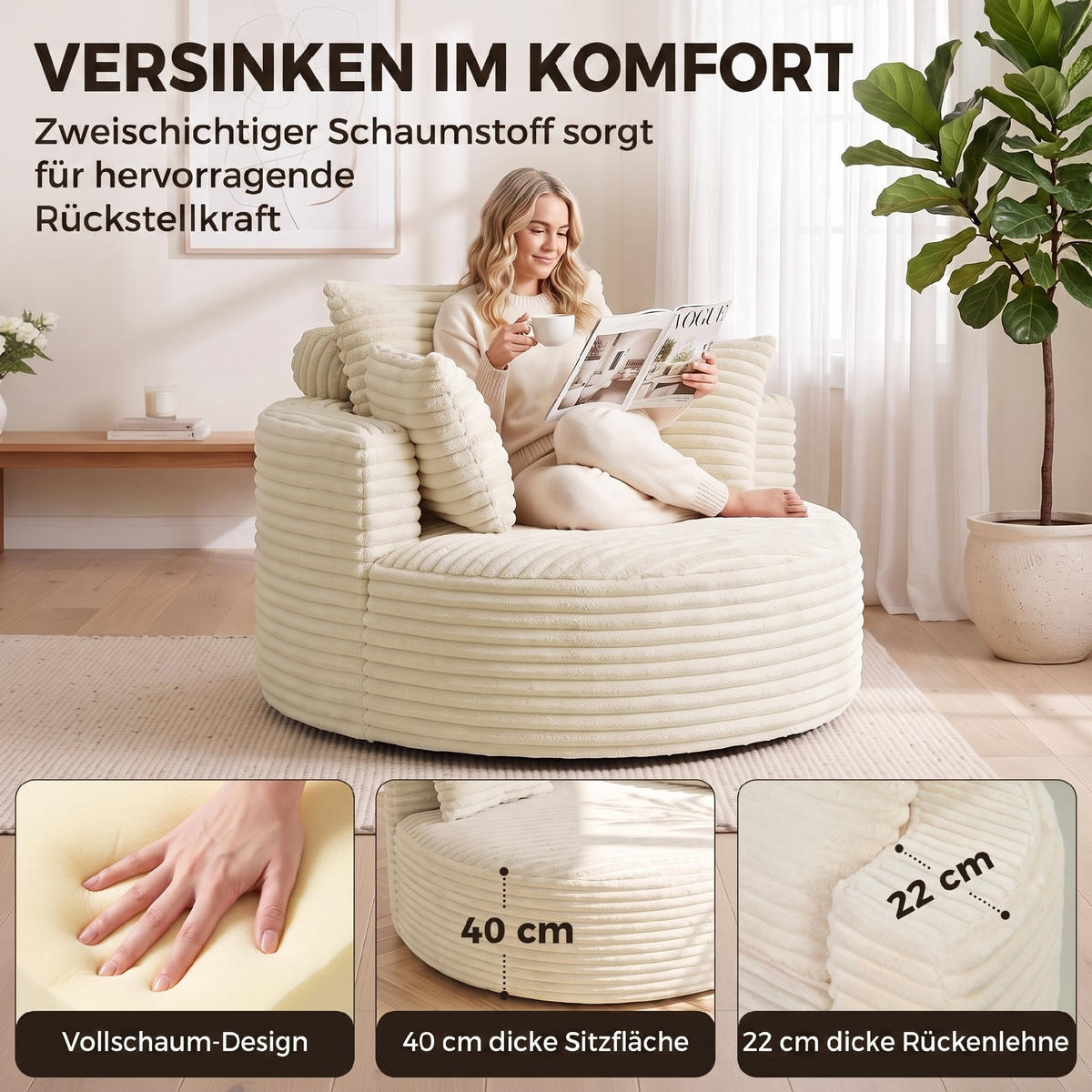 SESSEL Polyester Creme - Creme, Textil (130/82/130cm) - HOMCOM