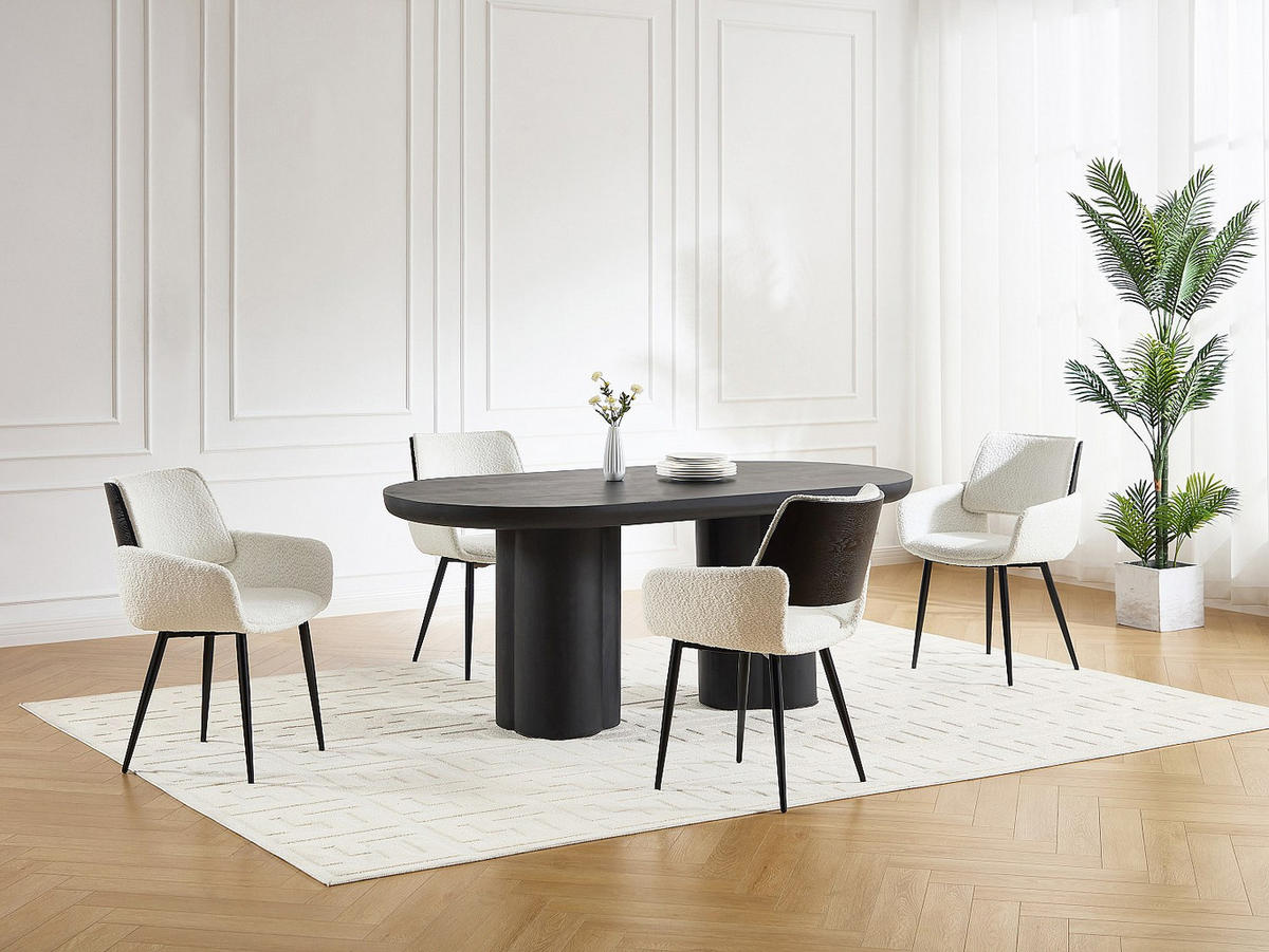 STUHL 2er-Set - Bouclé-Stoff, Eschenfurnier & schwarzes Metall - Weiß - ZURIKIA - Schwarz, Textil (57/85/57.5cm) - Vente-Unique