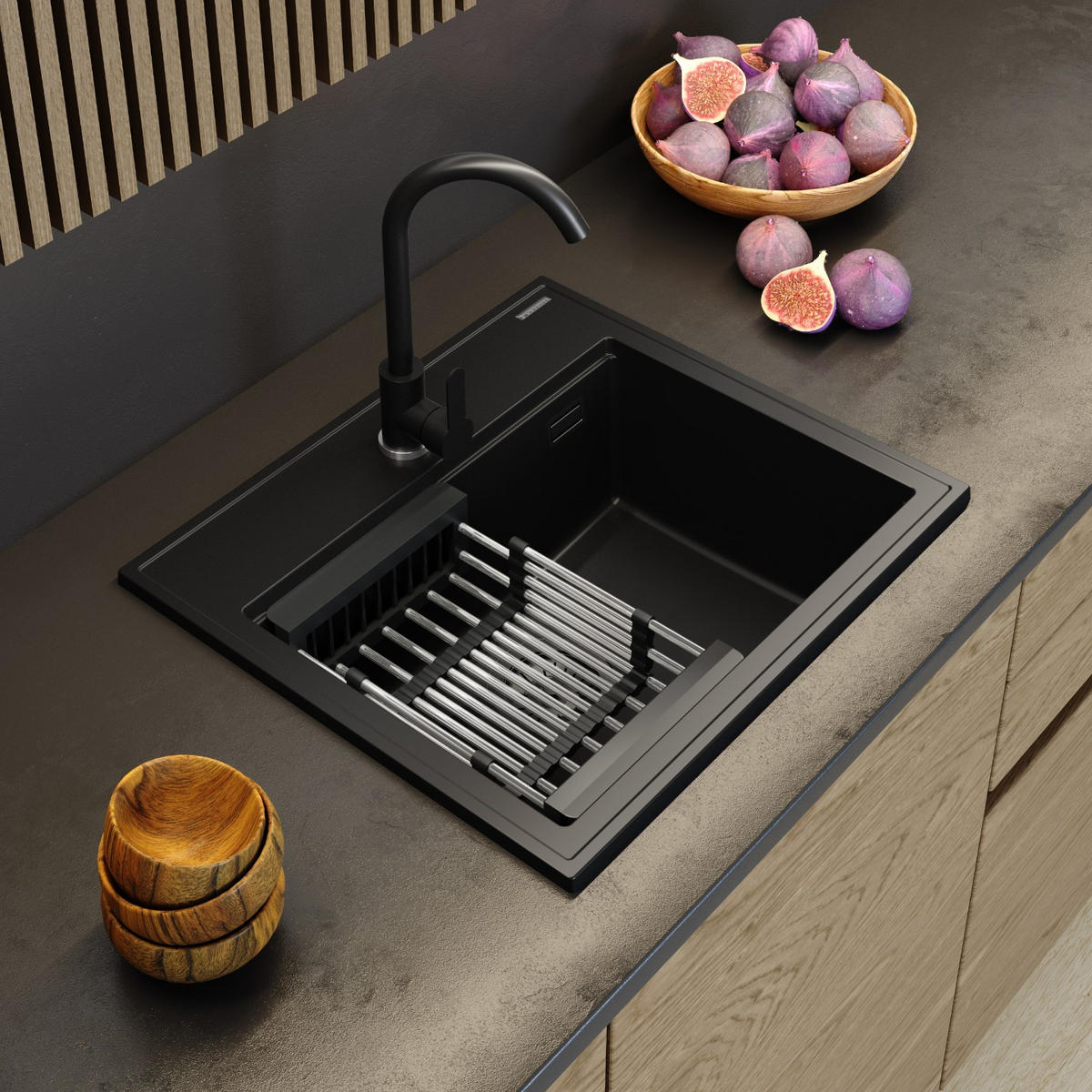 GRANITSPÜLE Foxal mit Batterie Siphon - Schwarz, Kunststoff/Stein (56/21/50cm) - Granitan