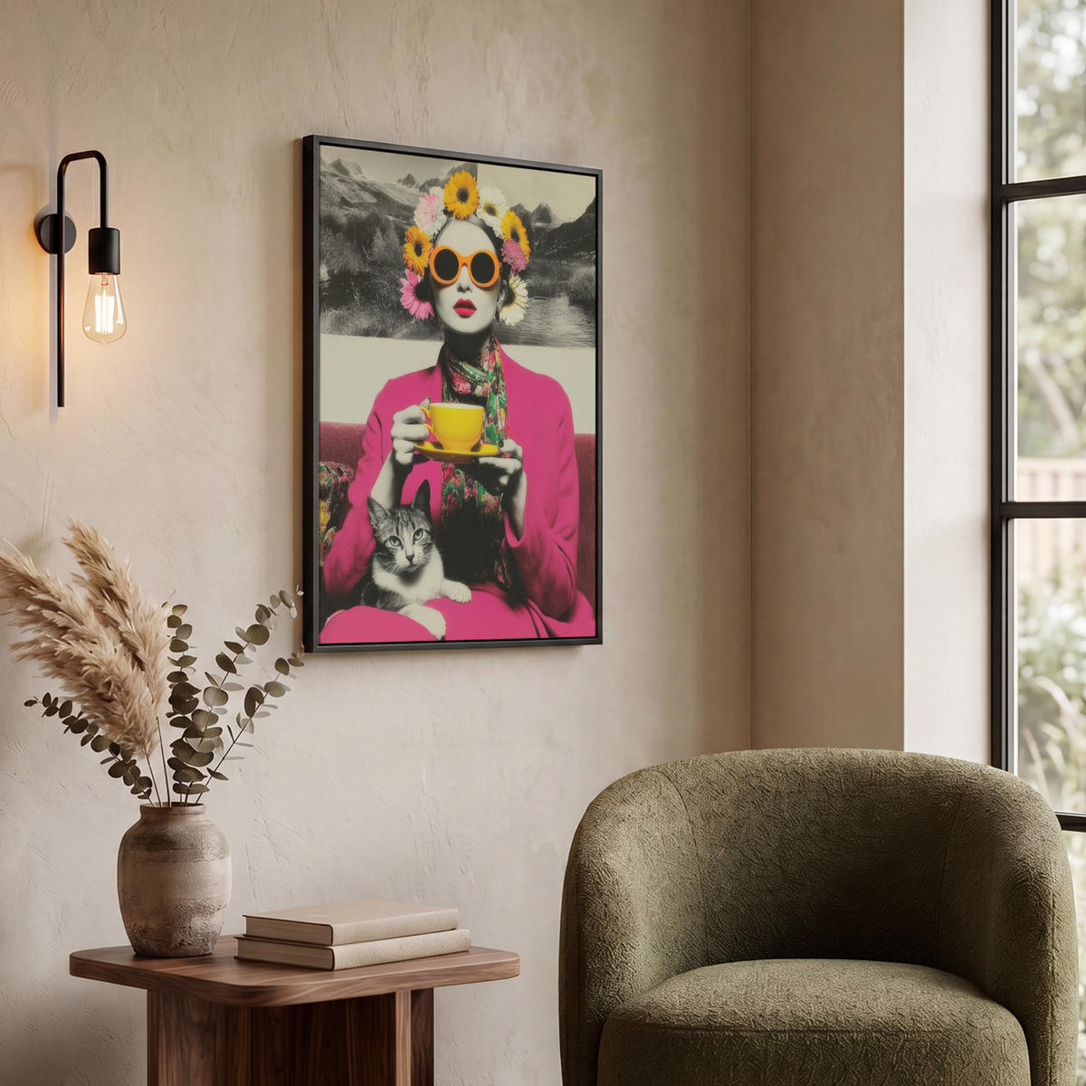 LEINWAND Bilder mit Rahmen - Frau - Katze - Blumen - Tasse - Retro - 50x70 - Magenta, Textil (50/70cm) - MuchoWow