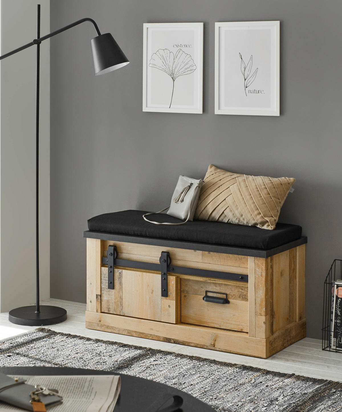 GARDEROBENBANK Used Wood Vintage 93 x 46 cm, Schiebetür und Soft-Close - Anthrazit/Schwarz, Holzwerkstoff/Metall (93/46/43cm) - Furn.Design