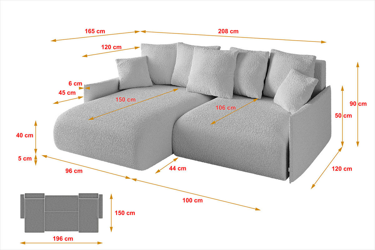 ECKSOFA mit Schlaffunktion und Bettkasten ONESK-L -v1 208x165x40 Hellgrau Bouclé - Hellgrau, Holzwerkstoff/Kunststoff (208/165cm) - ALTDECOR