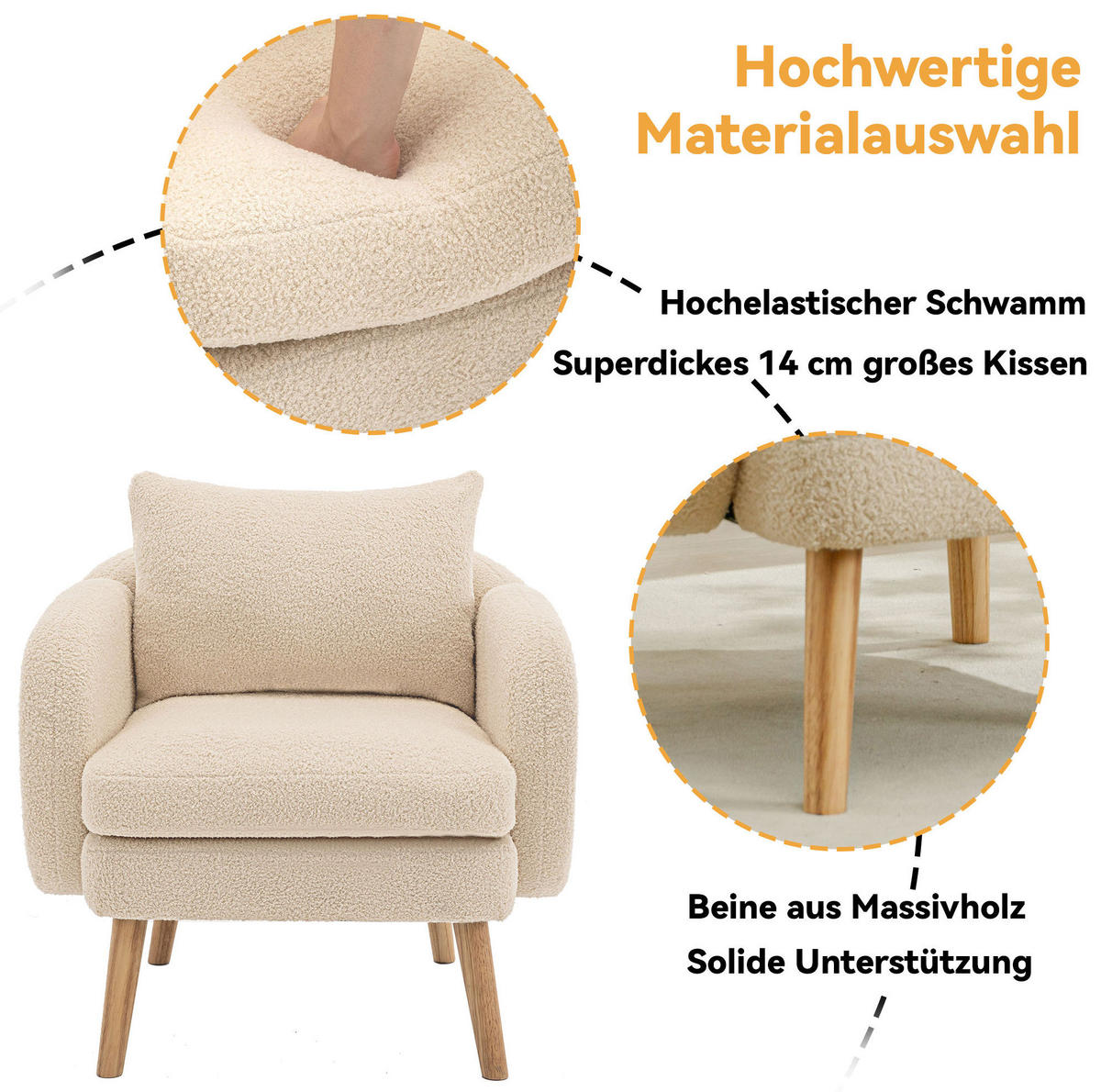 SESSEL Teddy-Samt mit Rückenkissen, extra dickem Sitzkissen 71/72/71 cm Beige - Beige, Textil (72/71/71cm) - Redom