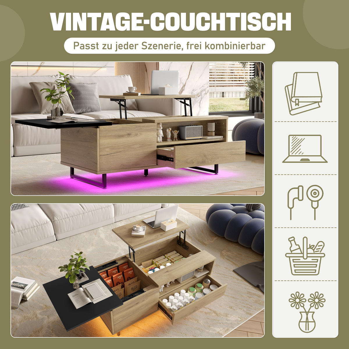 COUCHTISCH Natur Holzwerkstoff höhenverstellbar mit LED-Bodenlicht und vielfältigem Stauraum - Naturfarben, Holzwerkstoff (50/106.5/27.5cm) - Luhomfu