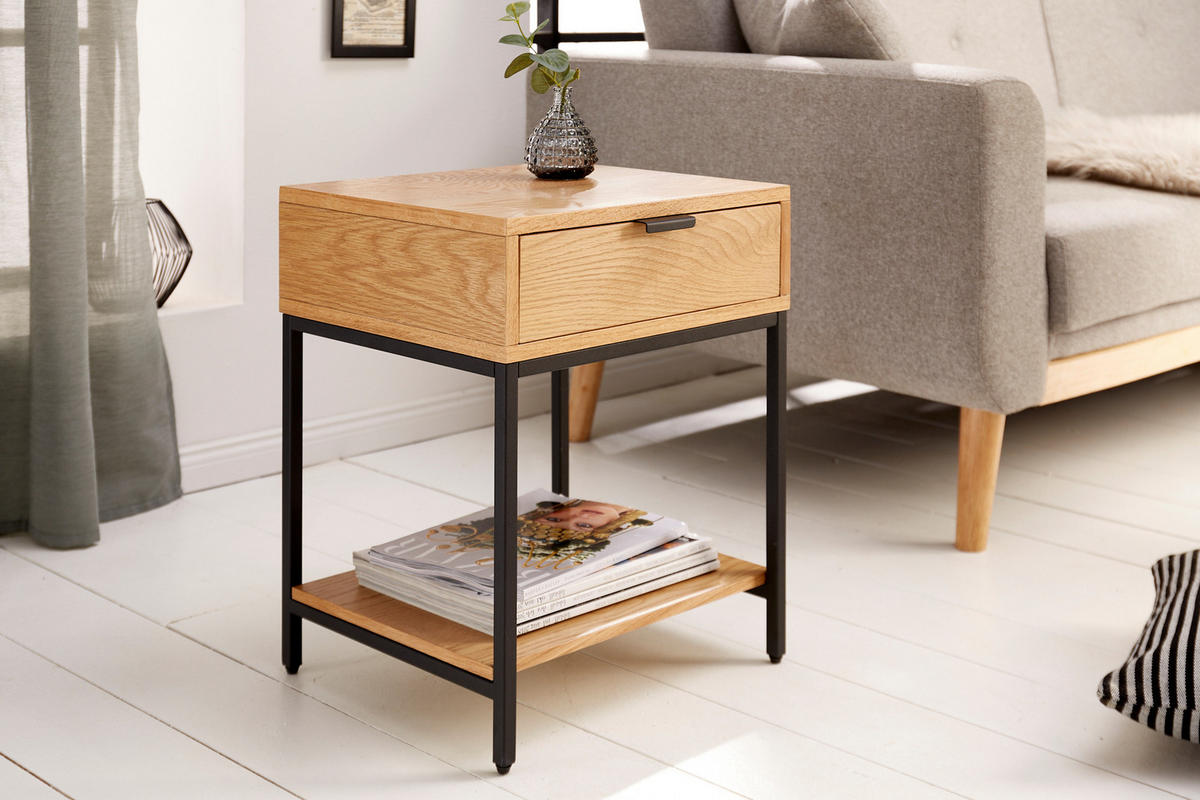 NACHTTISCH ELEMENTS Eiche Natur 50 cm - Schwarz/Naturfarben, Holz/Metall (40/50/35cm) - riess-ambiente