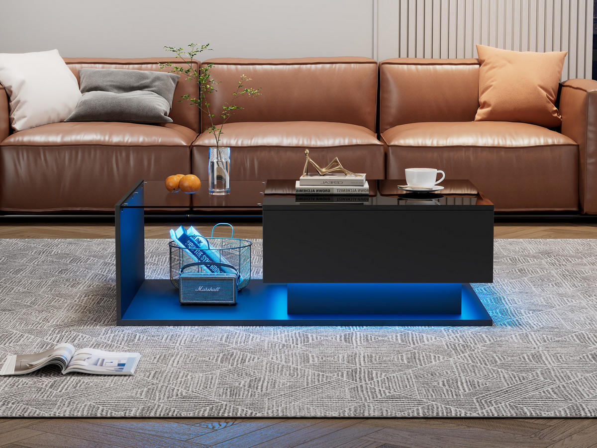 COUCHTISCH 100/50/32 cm schwarz mit Glasplatte und LED-Beleuchtung - Schwarz, Holzwerkstoff (100/50/32cm) - OKWISH