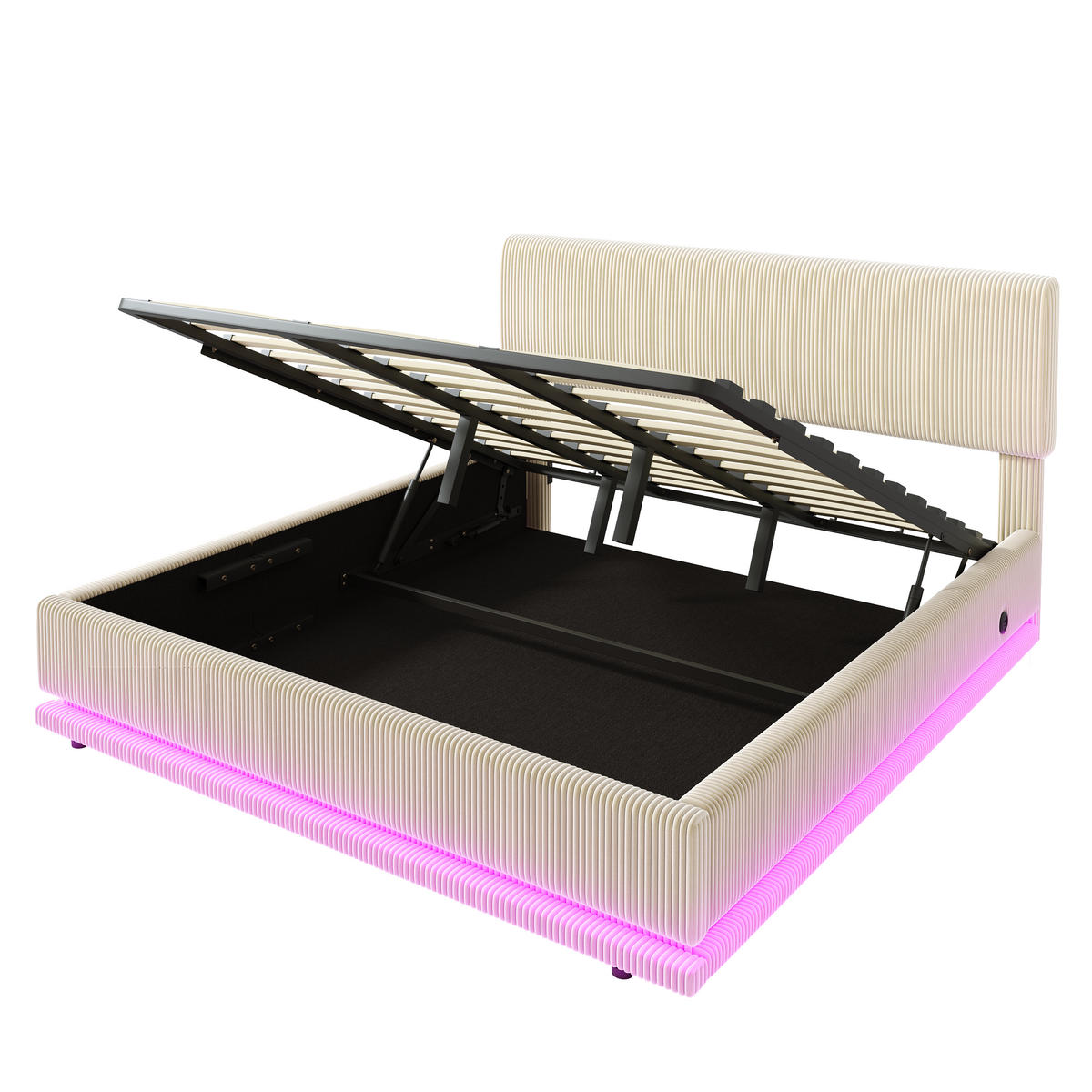 STAURAUMBETT 180/200 cm DE-03630, mit LED und höhenverstellbarem Kopfteil, in Beige - Beige, Metall (180/200cm) - ComfortXL
