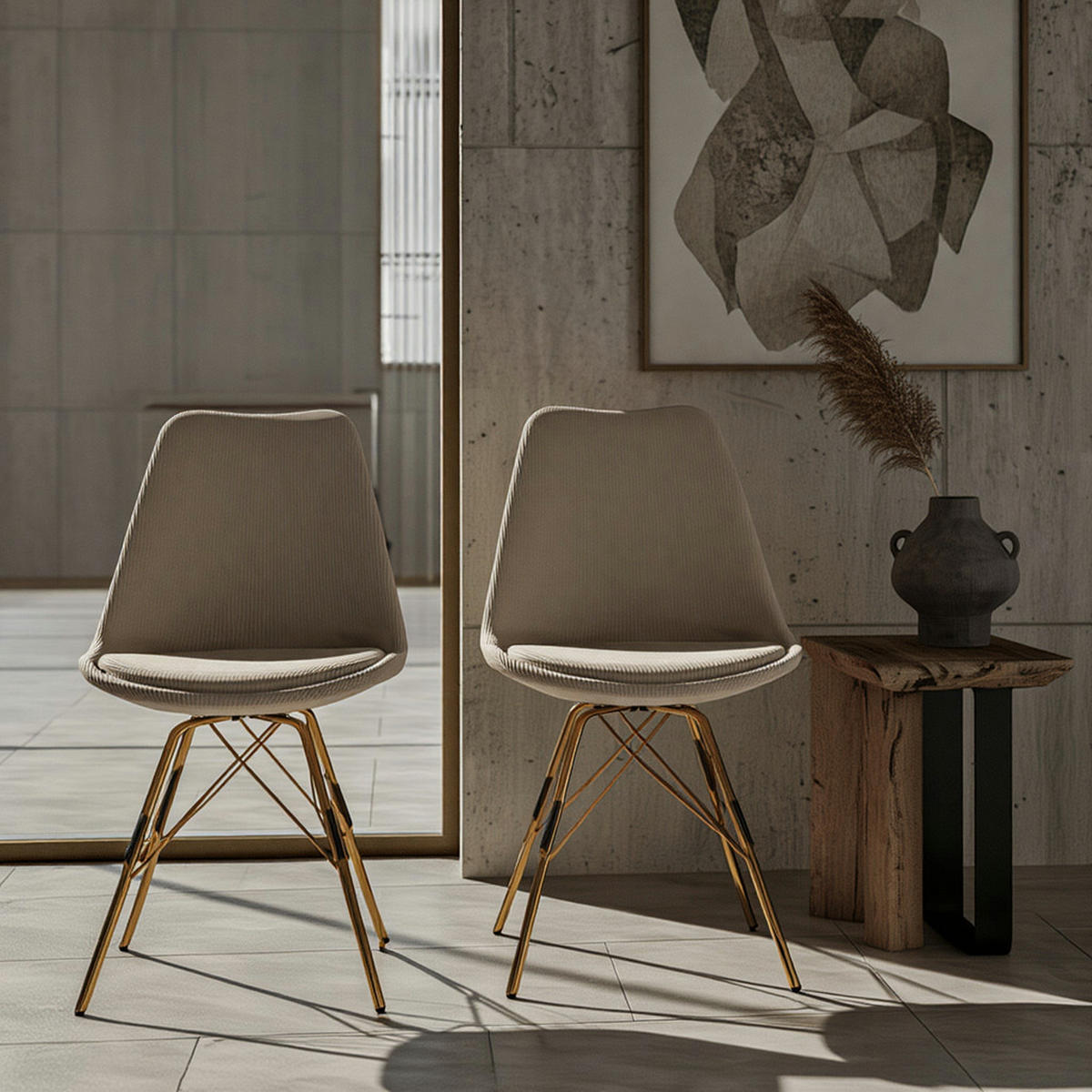 ESSZIMMERSTUHL 2er Set Cordstoff mit Metallgestell Schalenform Skandinavisch gepolstert, Beige 48x58x85 cm - Beige/Goldfarben, Textil/Metall (48/85/58cm) - KADIMA DESIGN