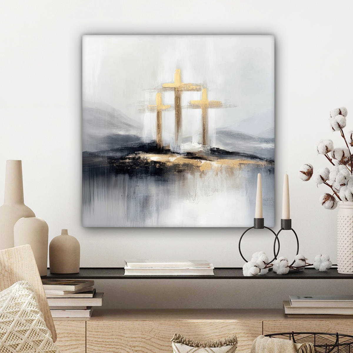 LEINWANDBILD Abstrakt - Malerei - Christentum - Kreuz Wandbild Wohnzimmer 50x50 cm - Weiß, Textil (50/50cm) - MuchoWow