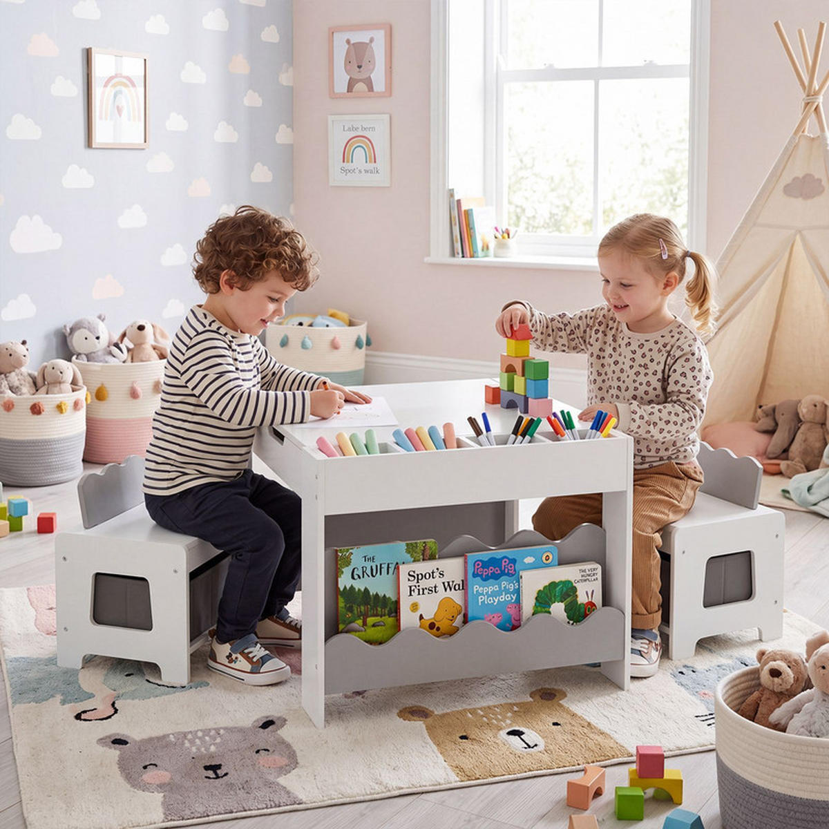 KINDERTISCH mit Stuhl grau(3-tlg) - Grau, Holzwerkstoff (66/48/64cm) - COSTWAY
