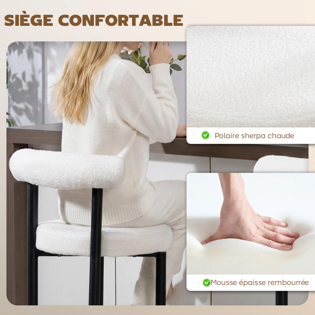 BARHOCKER 2er-Set DE-14818 gepolstert mit Boucle-Bezug Weiß - Weiß, Metall (50/98/52.5cm) - ComfortXL