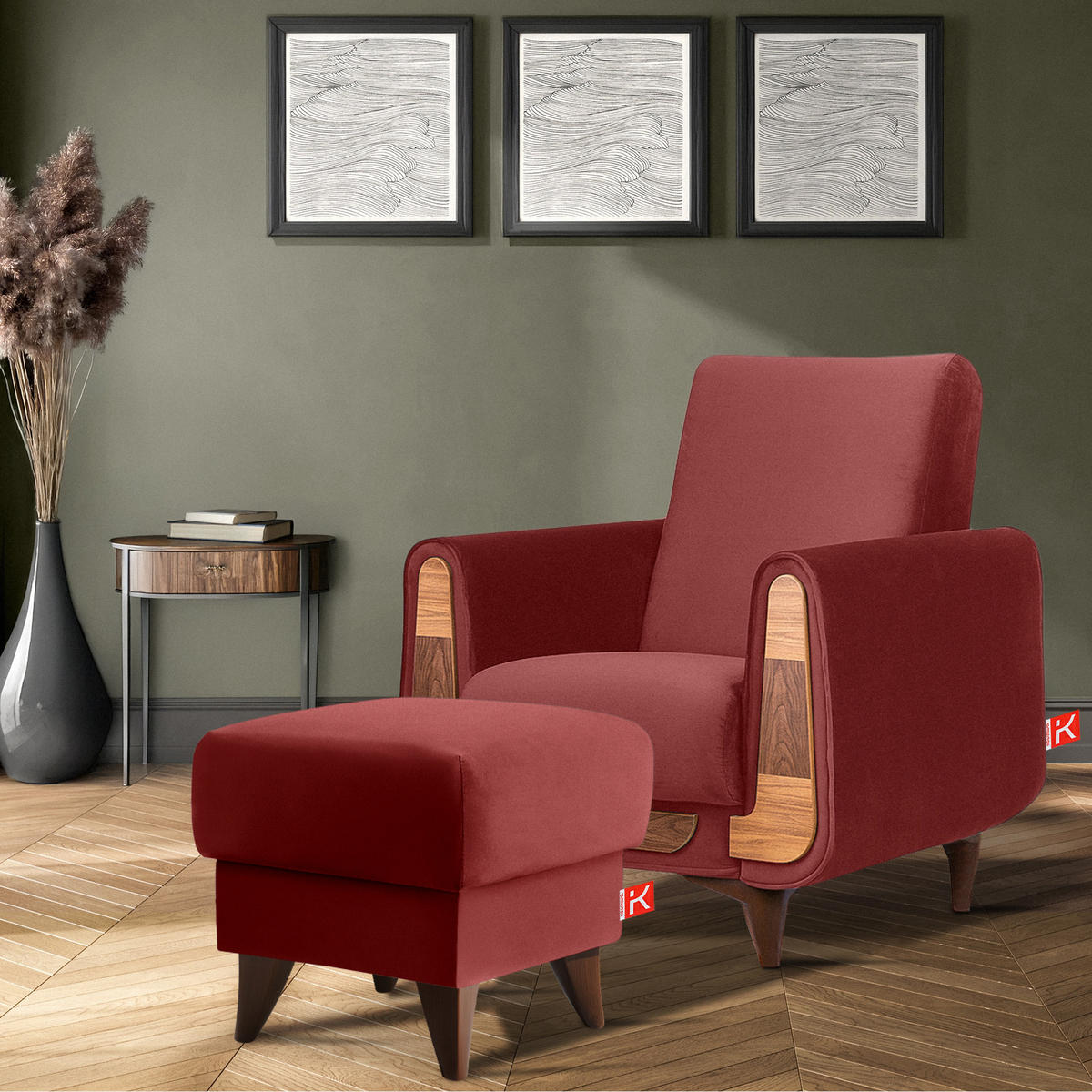 HOCKER GUSTAVO Fußstütze, Velours, Bordeaux - Bordeaux, Holz/Holzwerkstoff (53/49/53cm) - KONSIMO®