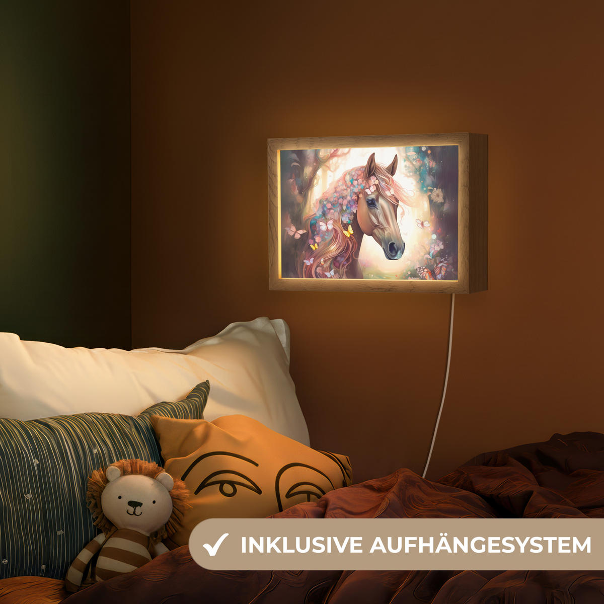 NACHTTISCHLAMPE Pferd - Natur - Blumen - Schmetterlinge - Wald 30x20 cm - Dunkelbraun, Holzwerkstoff (8/30/20cm)