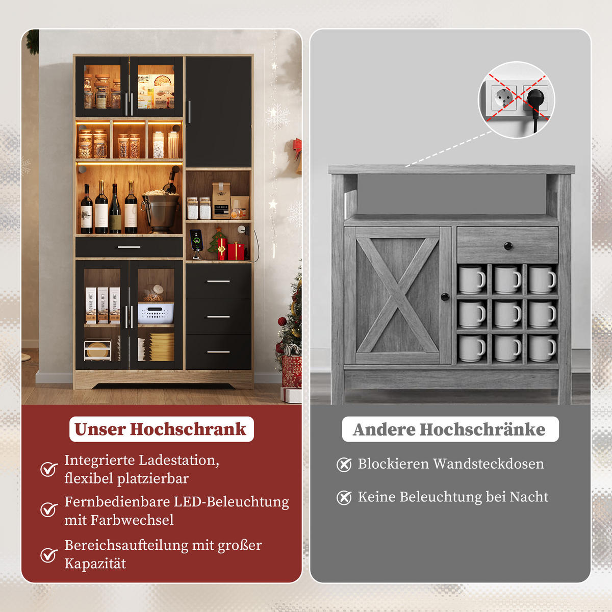 BUFFETSCHRANK 40/100/185 cm schwarz/natur aus MDF mit LED - Schwarz, Holzwerkstoff (100/185/40cm) - OKWISH