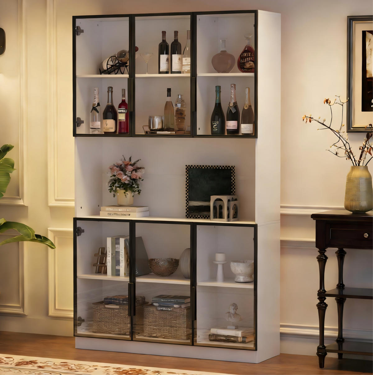 VITRINE in Weiß Highboard mit 6 Türen, LED & Glasfront, Hochschrank für Wohnzimmer/Esszimmer, B120/T34/H200cm - Weiß, Glas/Holzwerkstoff (120/200/34cm) - STILVORA