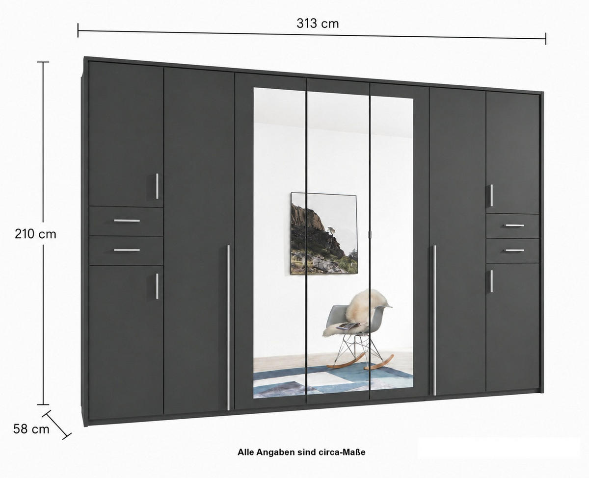 DREHTÜRENSCHRANK Kleiderschrank B313/H210/T58 cm mit Schubkästen & Passepartout & 3 Spiegeltüren, Grafit / 22583 - Silberfarben/Graphitfarben, Holzwerkstoff/Kunststoff (313/210/58cm) - luma-home