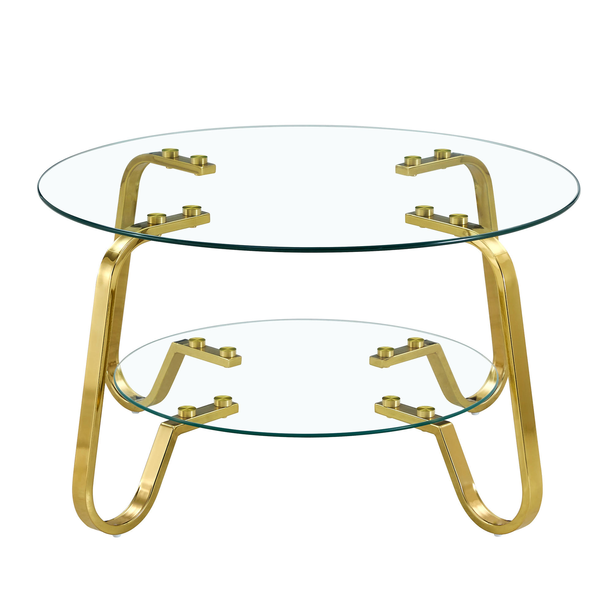COUCHTISCH Retro Rund Gold/Transparent Sicherheitsglas mit Metallgestell 2 Ebenen - Transparent/Goldfarben, Glas/Metall (80/80/45cm)