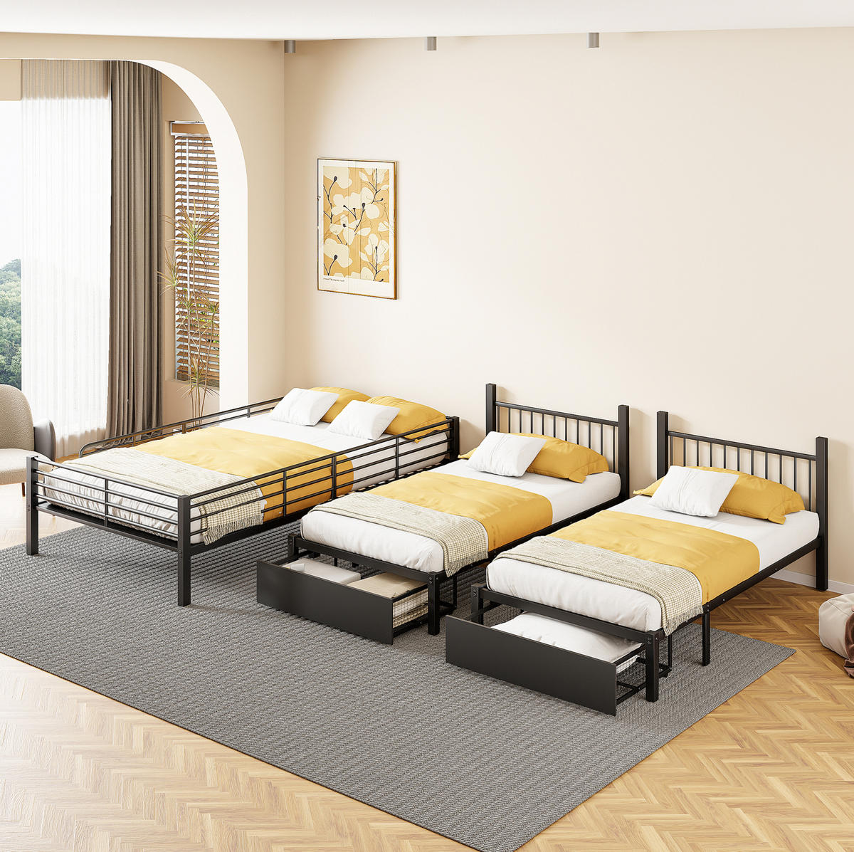 ETAGENBETT 140/200 & 2x 90/200 cm teilbar, mit 2 Schubladen und Absturzsicherung, Schwarz - Schwarz, Metall (140/200cm) - Redom