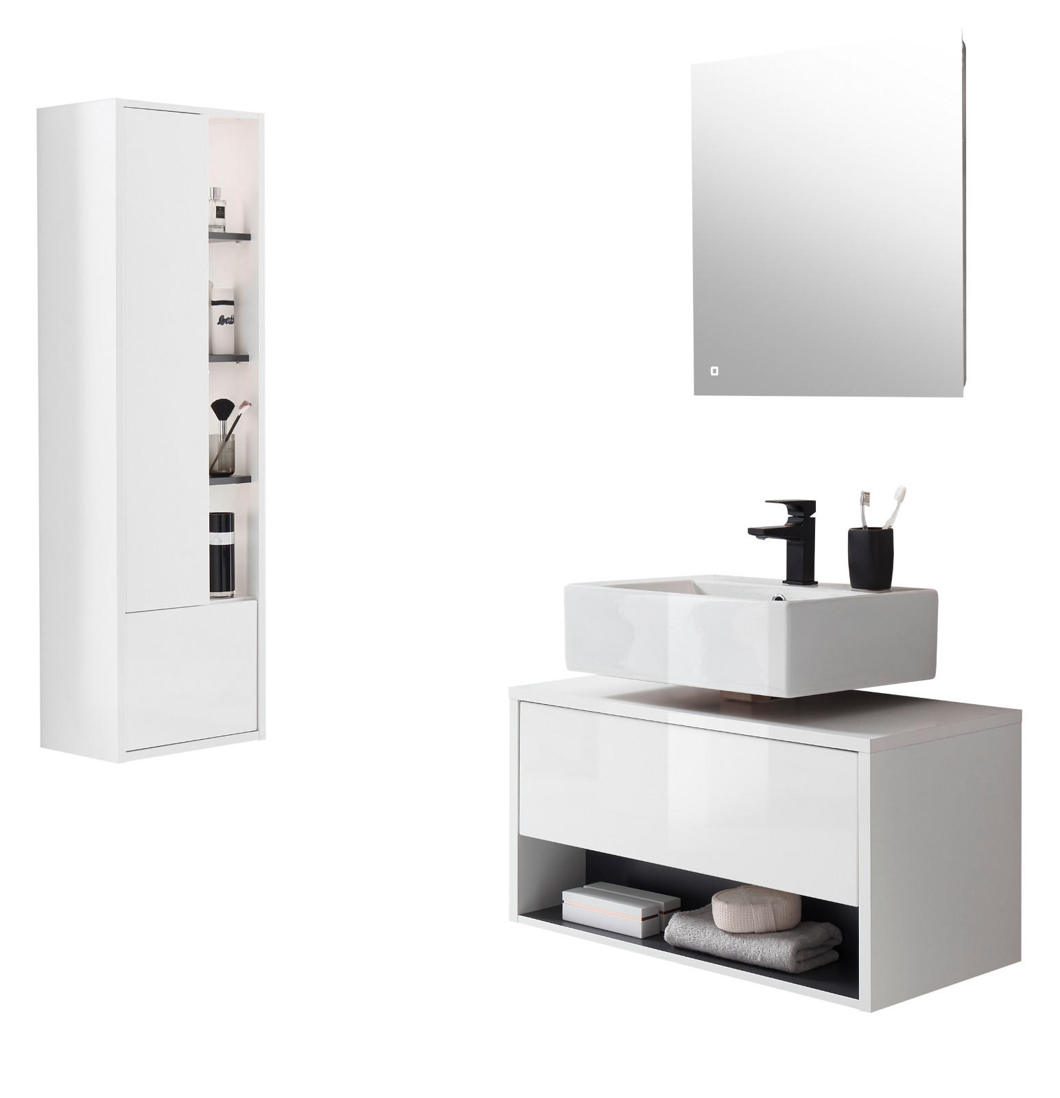 BADMÖBEL-SET 3-teilig weiß Hochglanz, grau, Badezimmerschränke mit LED Beleuchtung - Weiß Hochglanz/Grau, Glas/Holzwerkstoff (135/190/46cm) - Furn.Design