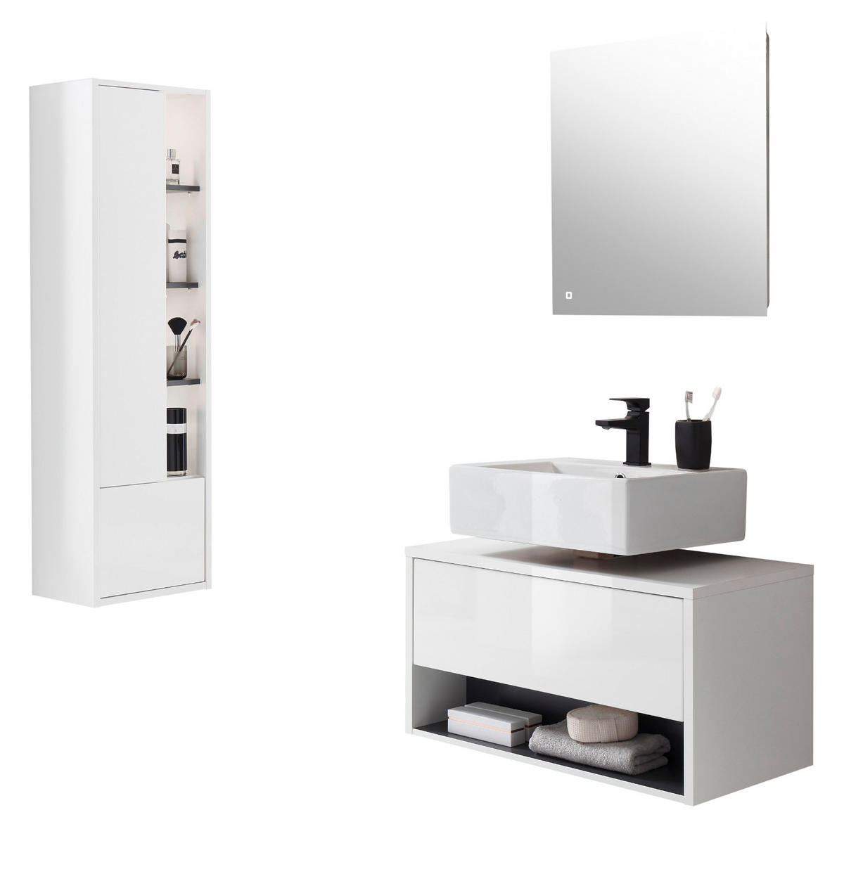 BADMÖBEL-SET 3-teilig weiß Hochglanz, grau, Badezimmerschränke mit LED Beleuchtung - Weiß Hochglanz/Grau, Glas/Holzwerkstoff (135/190/46cm) - Furn.Design