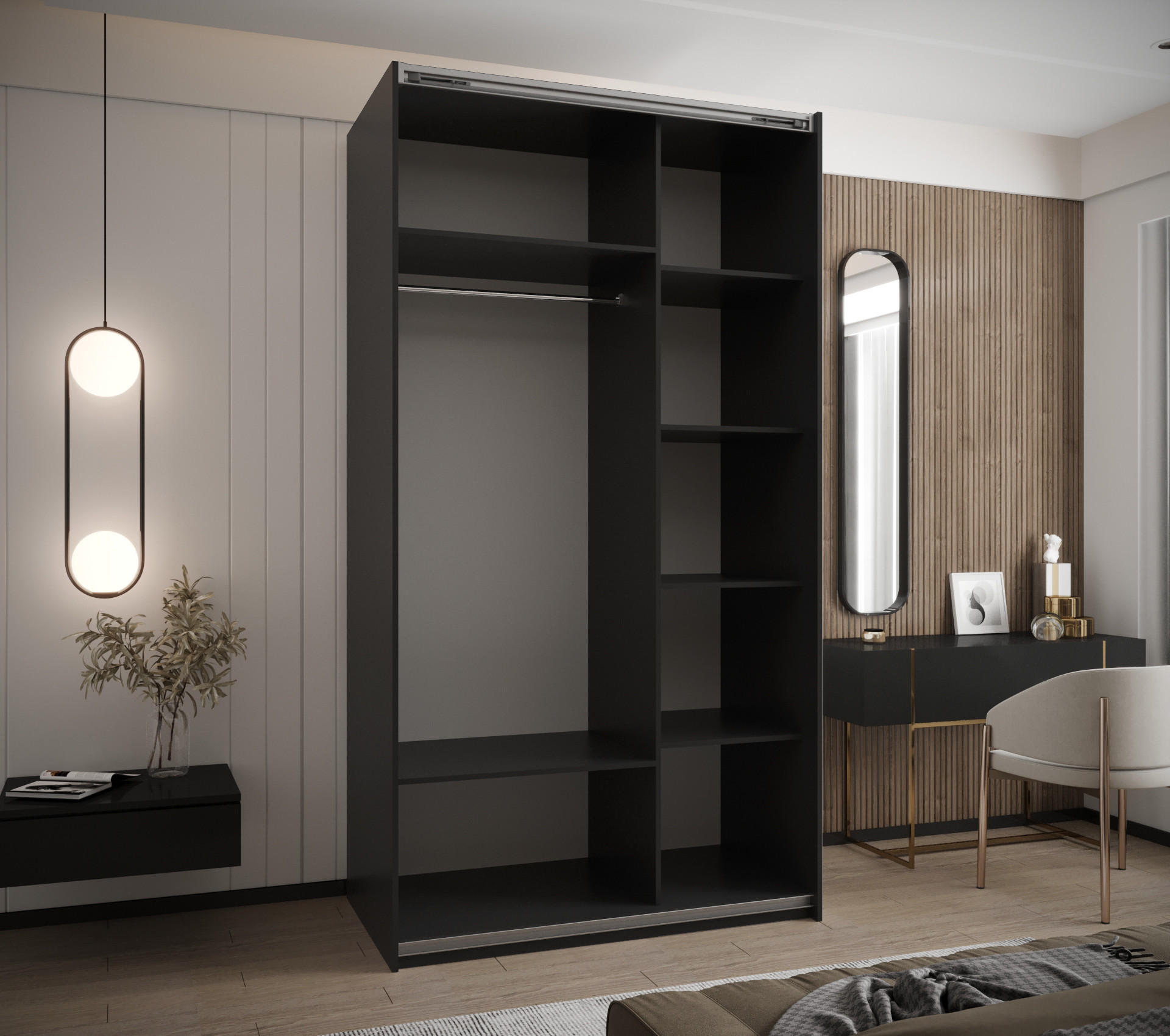 Thumbnail - Abiks Möbel Schwebetürenschrank, Schwarz, Weiß, Gold, Metall, Nachbildung, 6 Fächer, 140x245x64 cm, Schlafzimmer, Kleide...