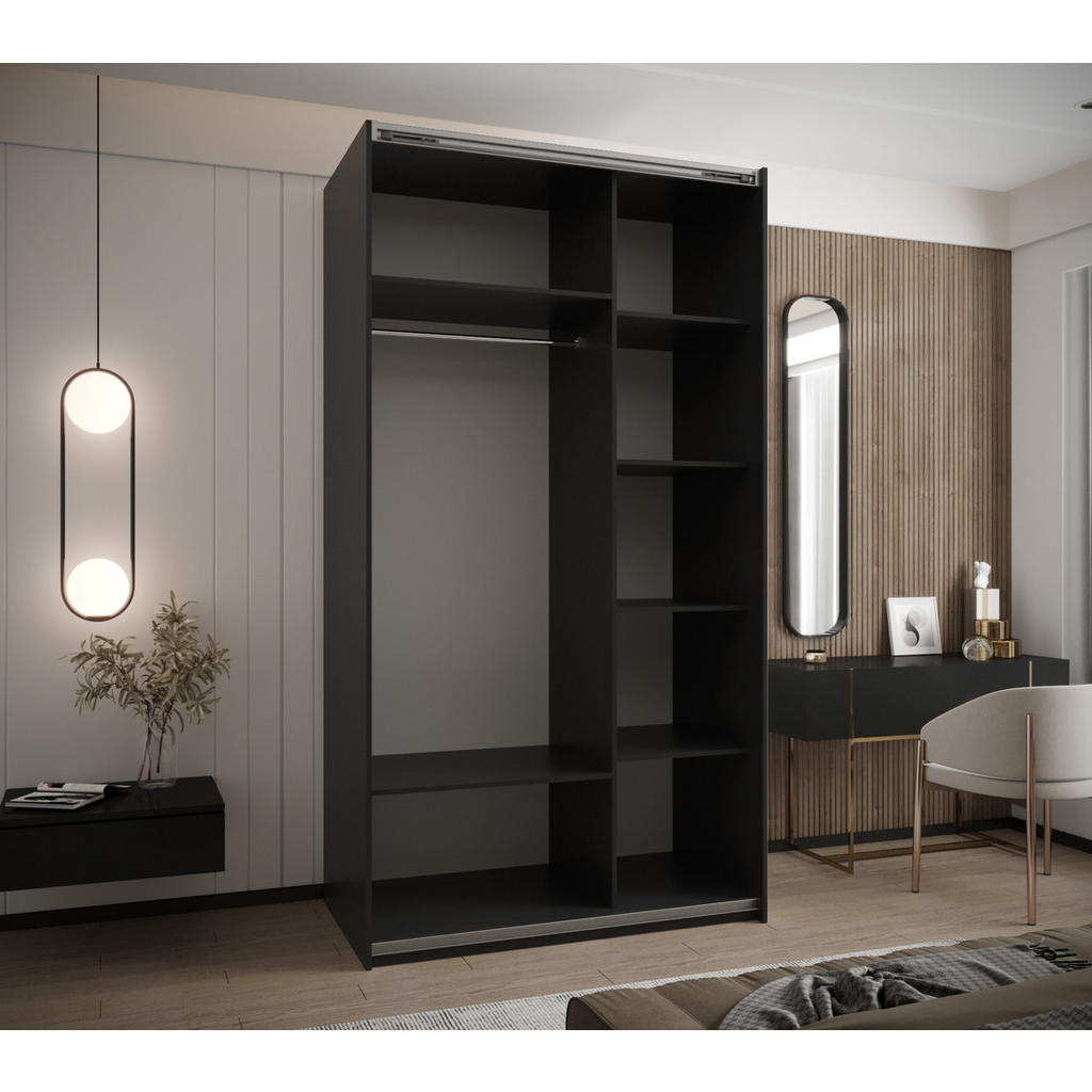 Thumbnail - Abiks Möbel Schwebetürenschrank, Schwarz, Eiche Artisan, Schwarz, Metall, Nachbildung, 6 Fächer, 140x245x64 cm, Schlafzi...