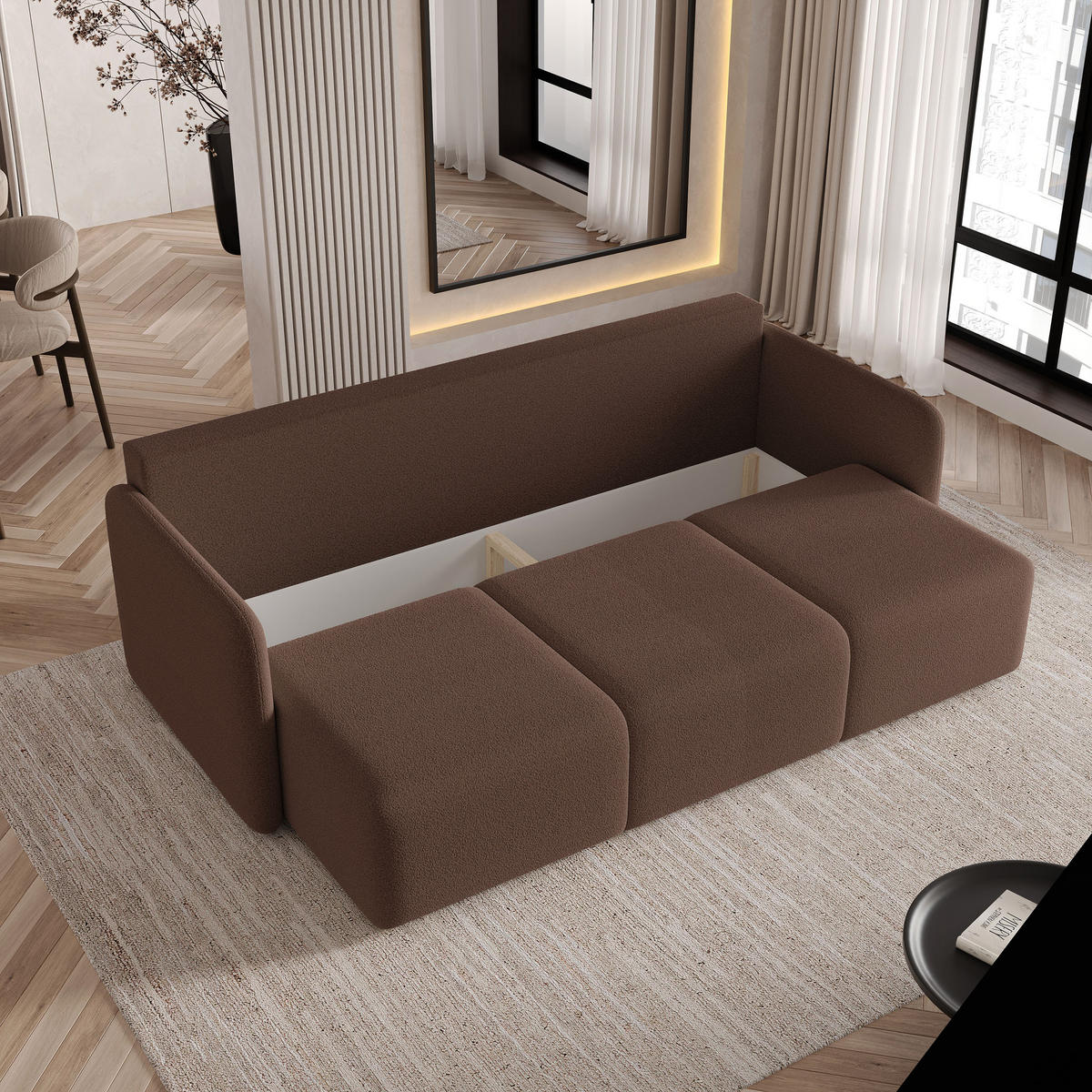 BETTSOFA SUVI III Q Braun Bucle-Stoff mit Schlaffunktion - Dunkelbraun, Textil (220/85/90cm) - MASSENO