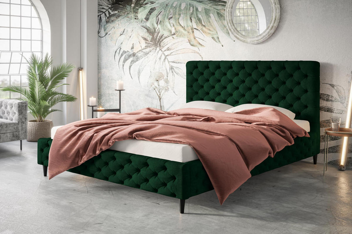 POLSTERBETT LUX Miami mit Kopfteil, 120 x 200 cm, Doppelbett mit Lattenrost aus Holz, Velourstoff Dunkegrün, Füße in Farbe: Schwarz - Dunkelgrün, Holz/Textil (120/200cm) - Alpi-Möbel