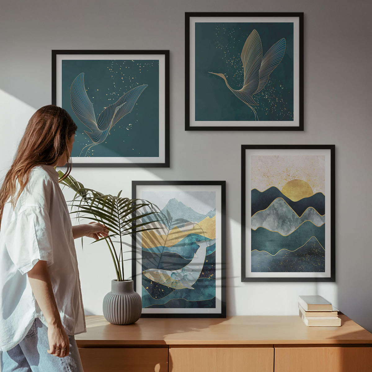 BILDER SET 4er Set - 50x50 cm & 40x60 cm Schwarzer Rahmen - Abstrakte Kranichberge - Schwarz, Kunststoff (50/50cm) - TULUP