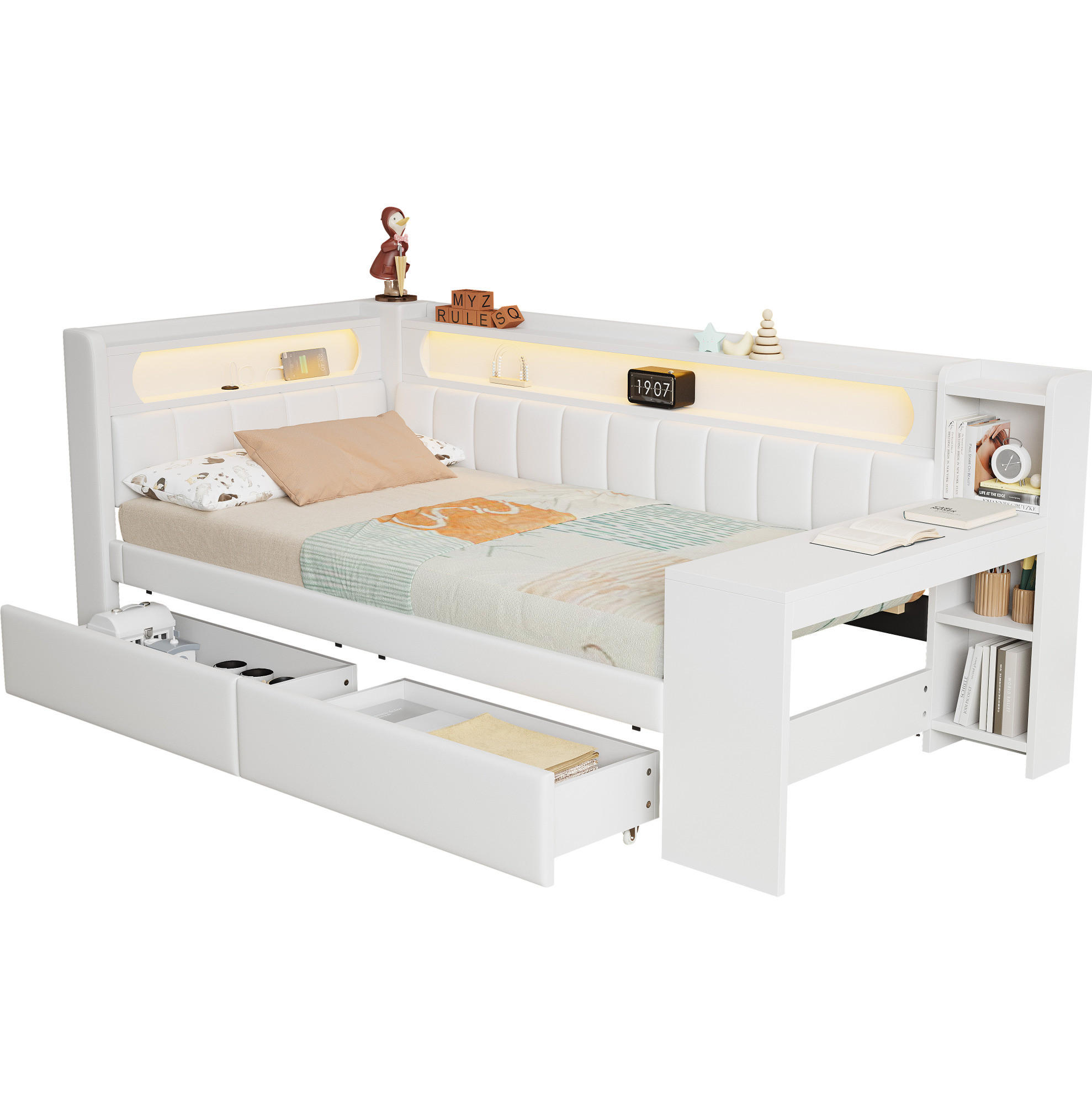 POLSTERBETT 90/200 cm mit LED-Beleuchtung, USB und Schreibtisch in Weiß - Weiß, Holzwerkstoff (90/200cm) - BEAOK