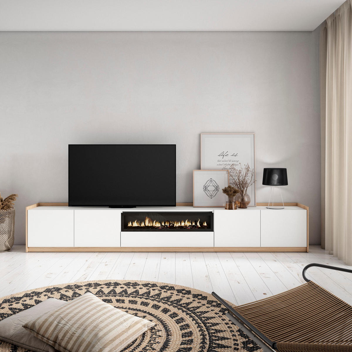 TV-SCHRANK, Lowboard, Weiß und Eiche Soft, Elektrokamin, 310/37/50cm - Weiß, Holzwerkstoff (310/50/37cm) - Skraut Home