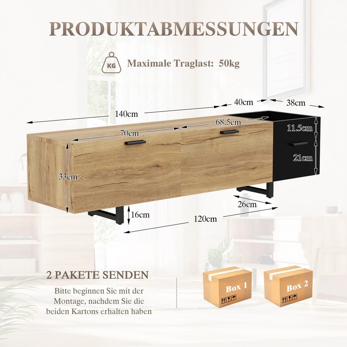 TV-ELEMENT 180/38/49 cm Schwarz mit offenen Fächern, 2 Schubladen und Stauraum - Schwarz, Holz (180/49/38cm) - Oxeza