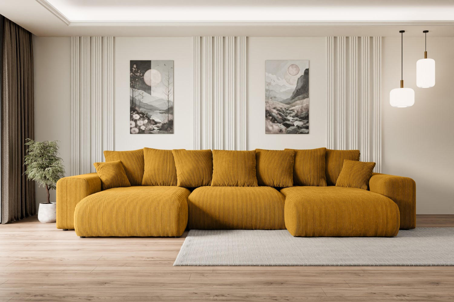 WOHNLANDSCHAFT mit Schlaffunktion und Bettkasten ESKAR-U -352x165x84cm Gelb Cord - Gelb/Schwarz, Holzwerkstoff/Kunststoff (352/84/165cm) - ALTDECOR