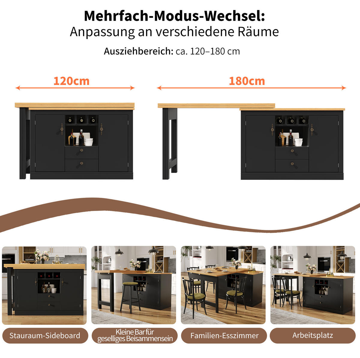 BARTISCH 120-180/40/76 cm mit Stauraum und drehbarer Ausziehfunktion - Schwarz, Holzwerkstoff (40/180/76cm) - BEAOK