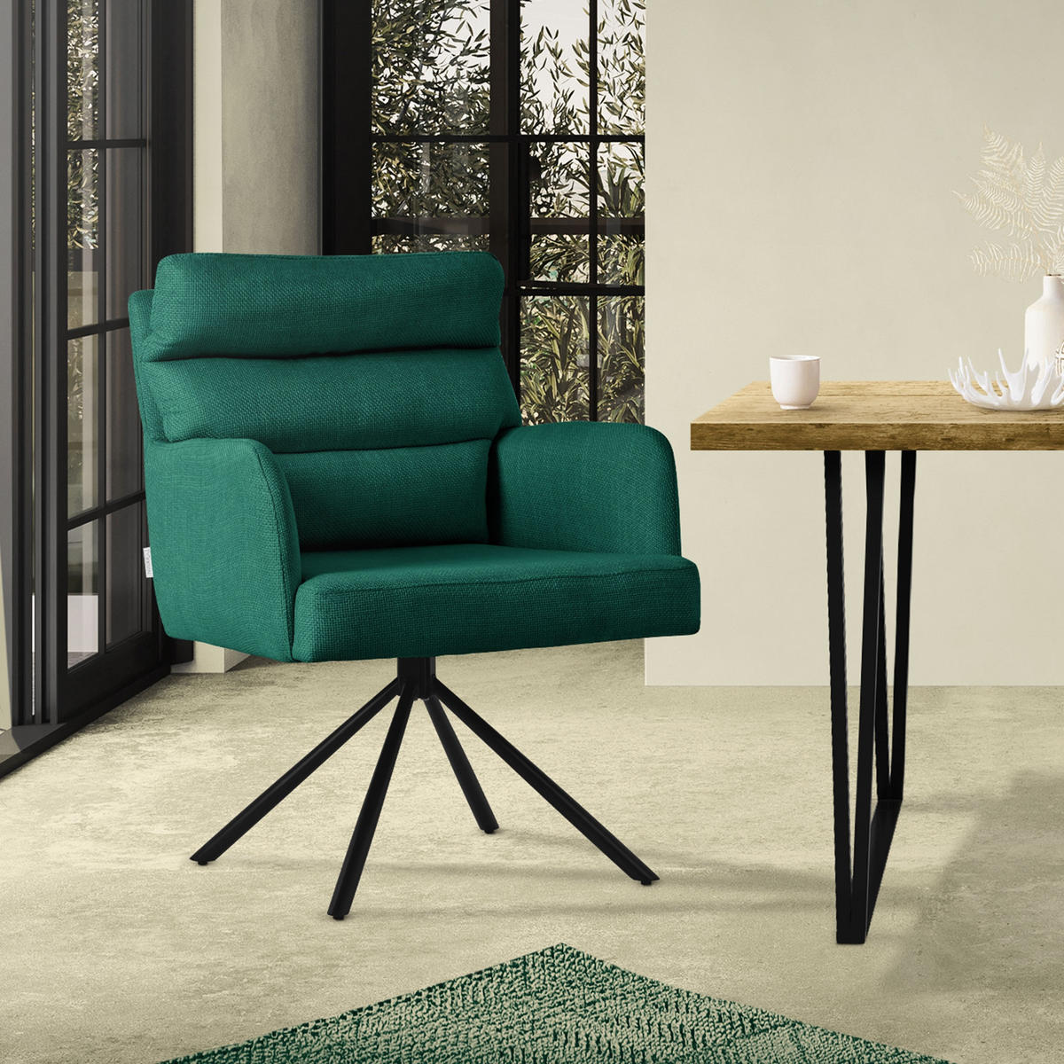 ESSZIMMERSTUHL drehbar Dunkelgrün Stoffbezug - Dunkelgrün/Schwarz, Textil/Metall (64.5/93/64cm) - ML-DESIGN