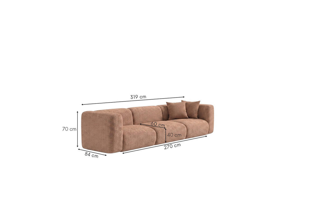 SOFA 3-Sitzer, Chenille-Stoff Cremona, Hellbraun, GRETA - Hellbraun, Holz (319/70/89cm) - Kaiser Möbel
