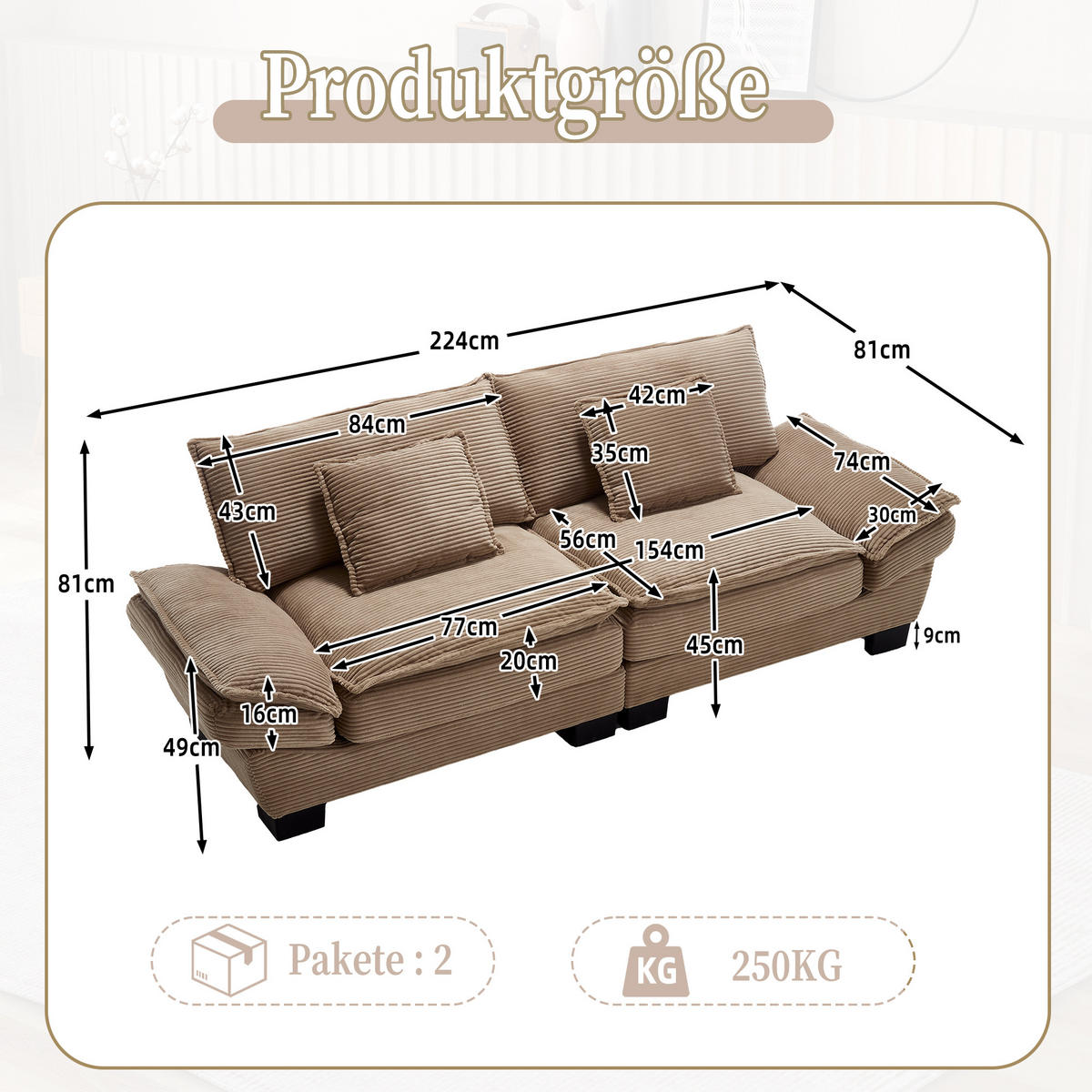 SOFA 2-Sitzer mit Kissen aus Velvet Khaki 224/81/81 cm - Naturfarben, Textil (224/81/81cm) - OKWISH