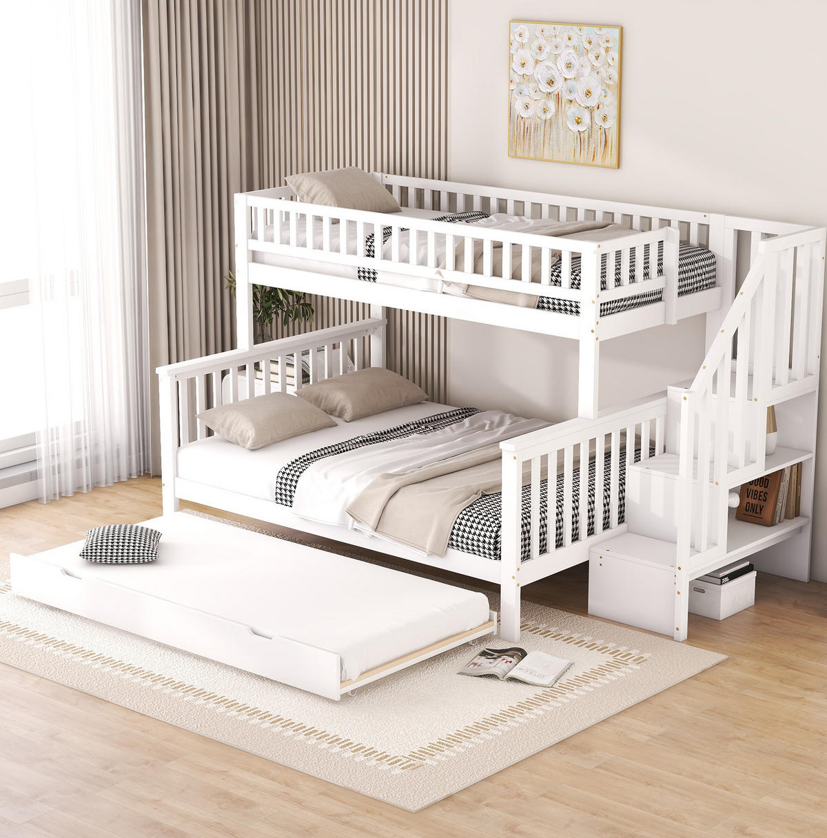 ETAGENBETT 253/240/160 cm aus Kiefer und MDF mit Ausziehbett und Stauraumtreppe Weiß - Weiß, Holz (140/200cm) - Modenvie